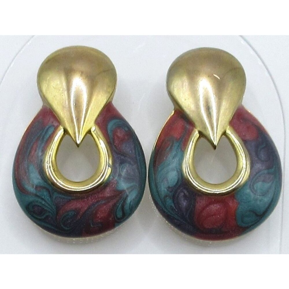 Vintage Don-Lin Enamel Teal & Burgandy Swirl Gold Tone Pierced Earrings